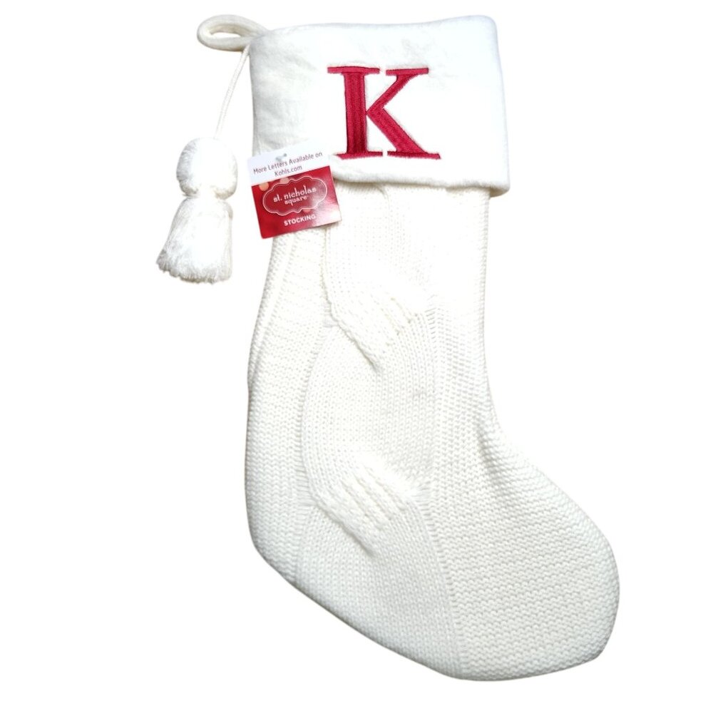 St. Nicholas Square 21 inch White Knitted Initial K Monogram Christmas Stocking